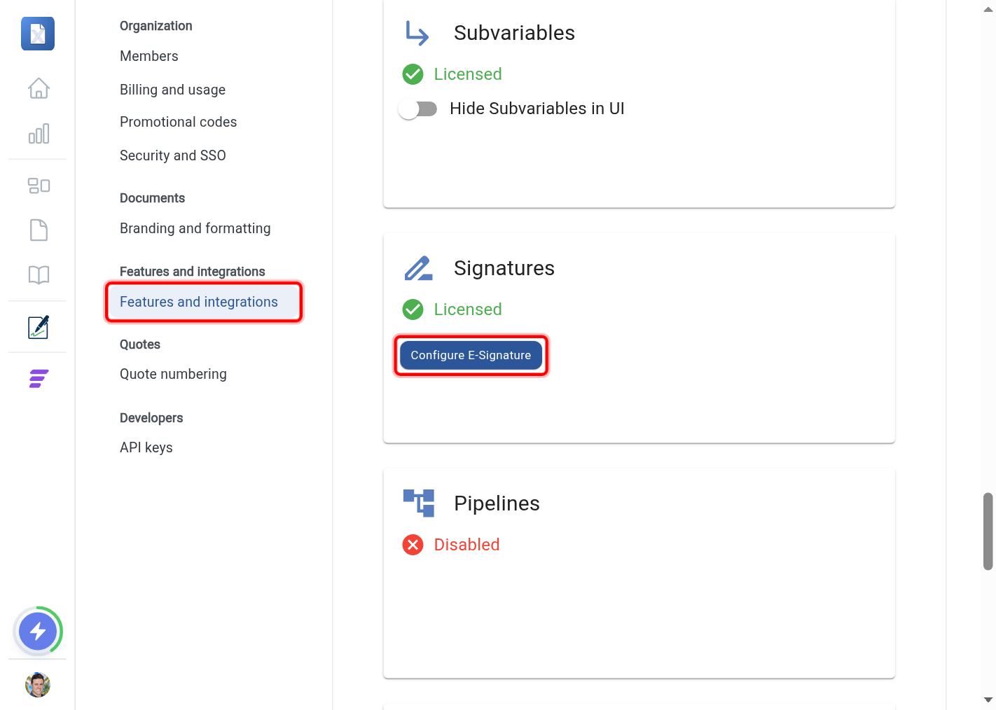The Features and integrations menu link and the Configure E-Signature button on the Signatures card highlighted