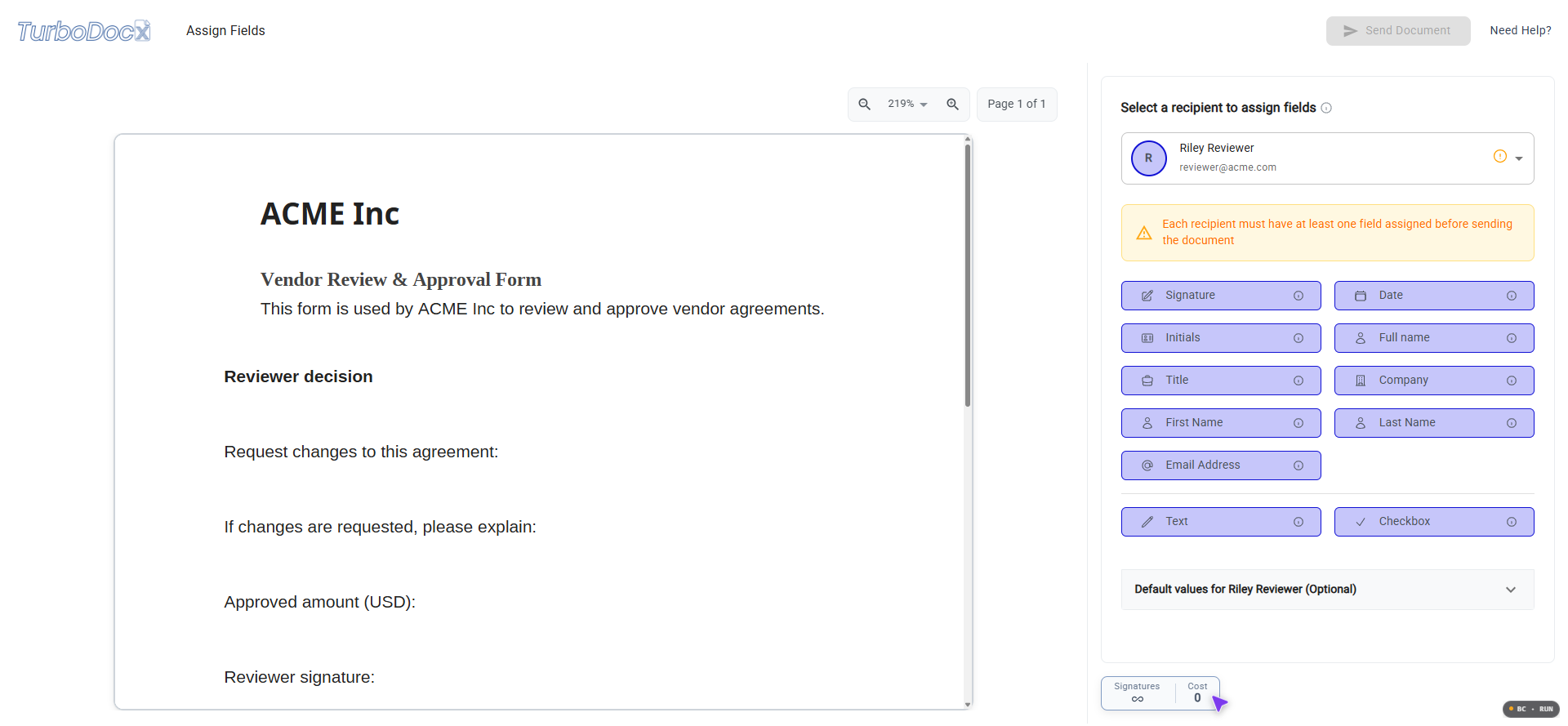 The TurboSign Assign Fields editor with the field palette on the right