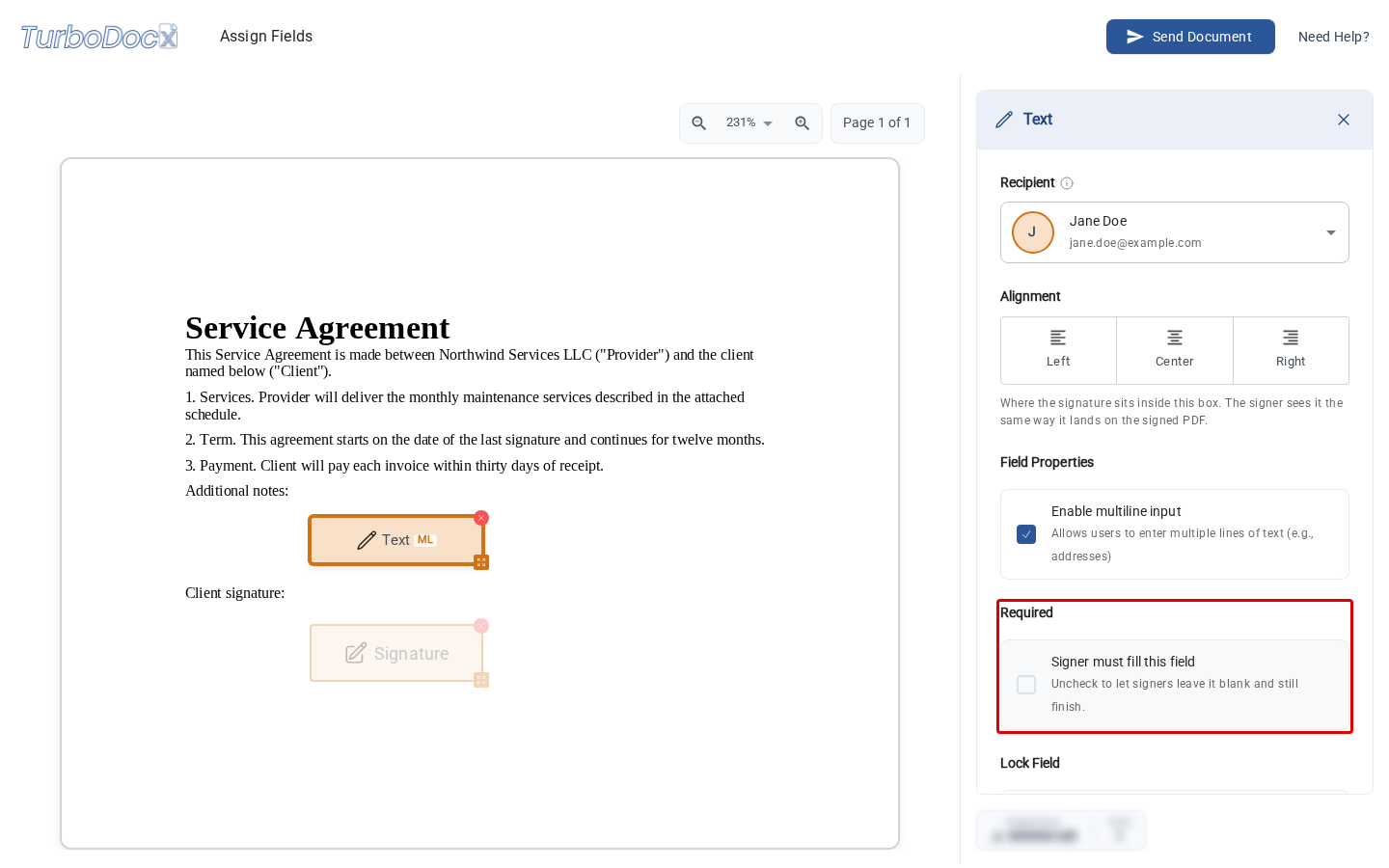 The field settings panel with the Required setting and its "Signer must fill this field" checkbox highlighted