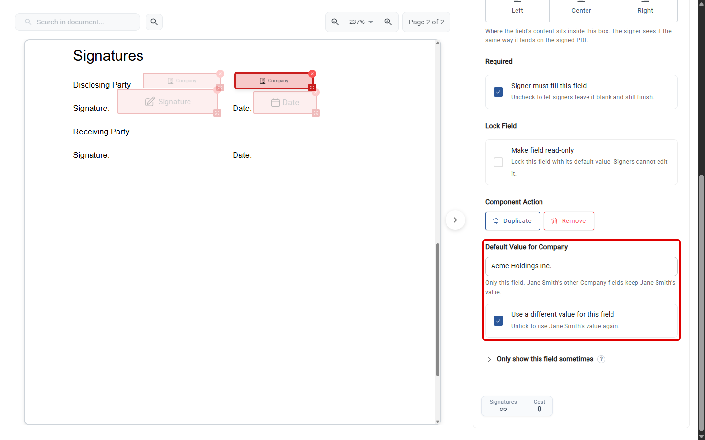 Company field settings with Use a different value for this field ticked and its own value, Acme Holdings Inc., in the Default Value for Company box, highlighted