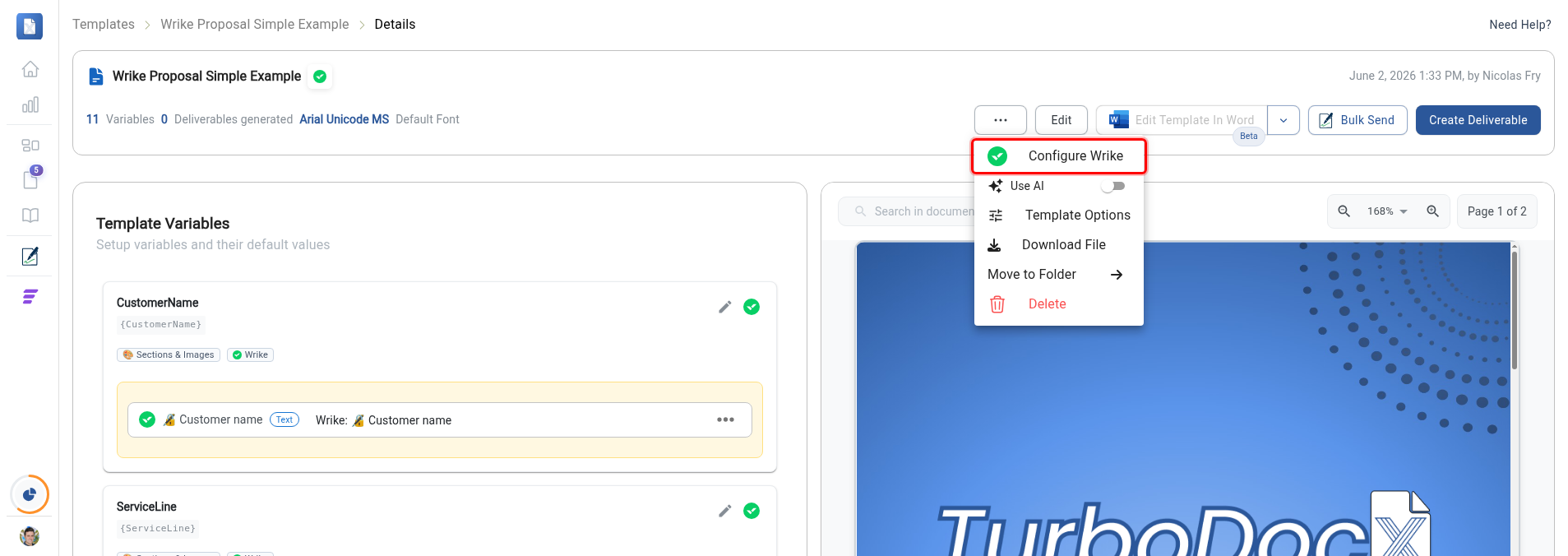 Template Details page with the Configure Wrike menu item highlighted