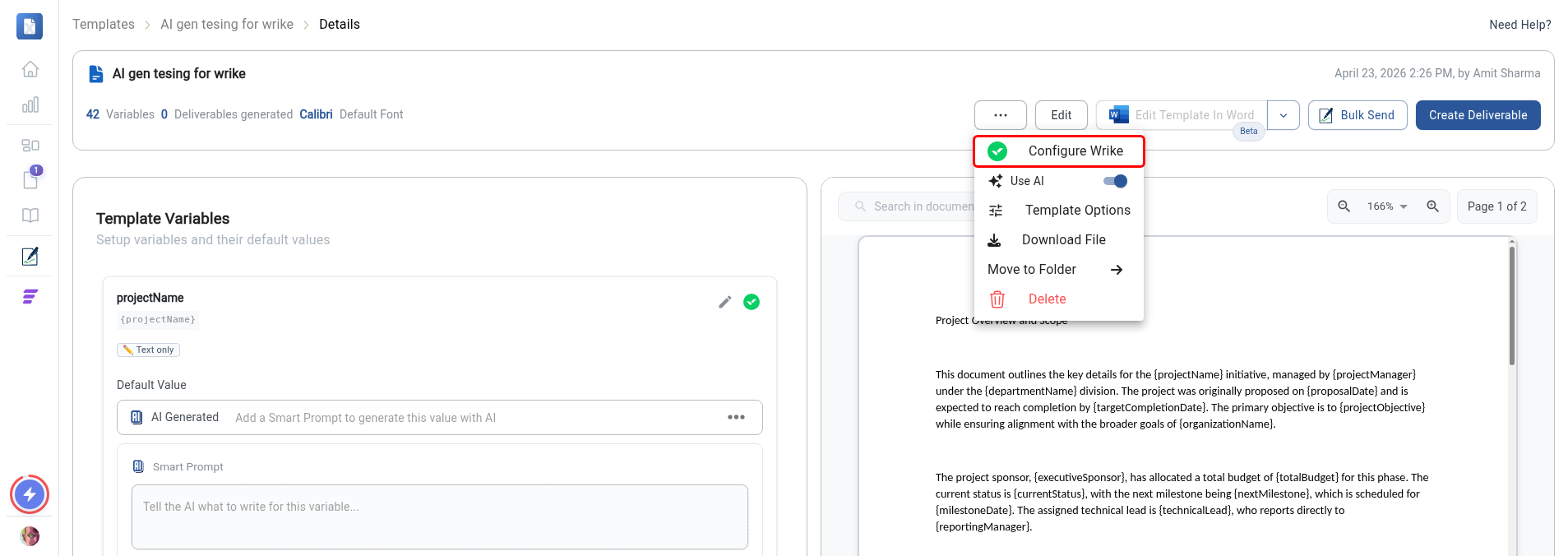 Template Details page with the Configure Wrike menu item highlighted