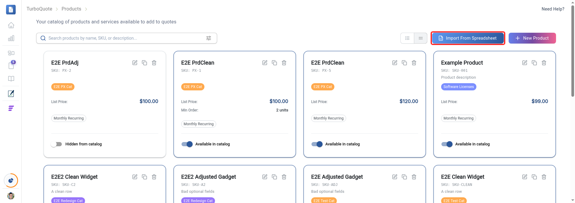 The Products page with the Import From Spreadsheet button highlighted in the top-right toolbar