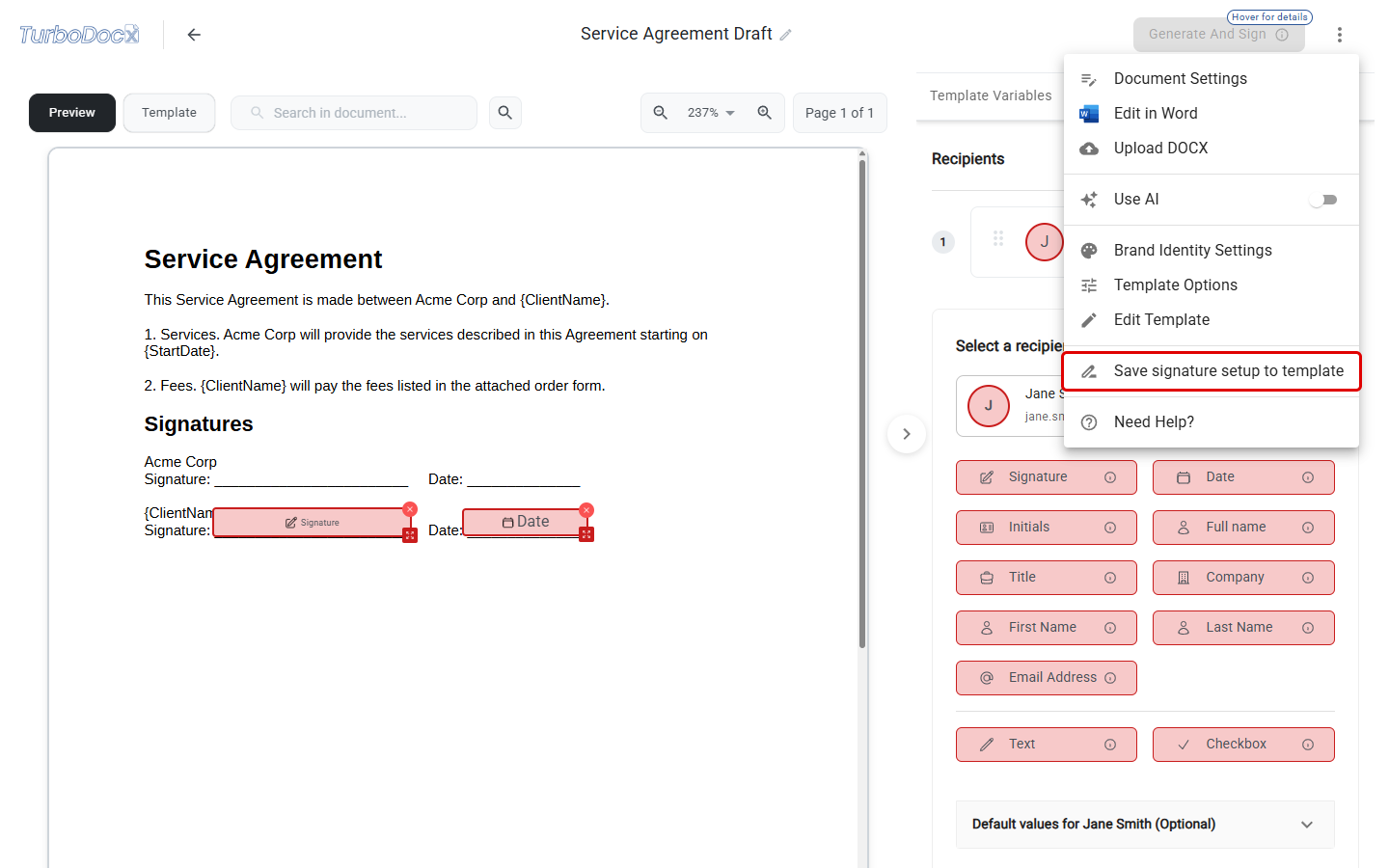 Menu on a Word template's generate page with Save signature setup to template highlighted