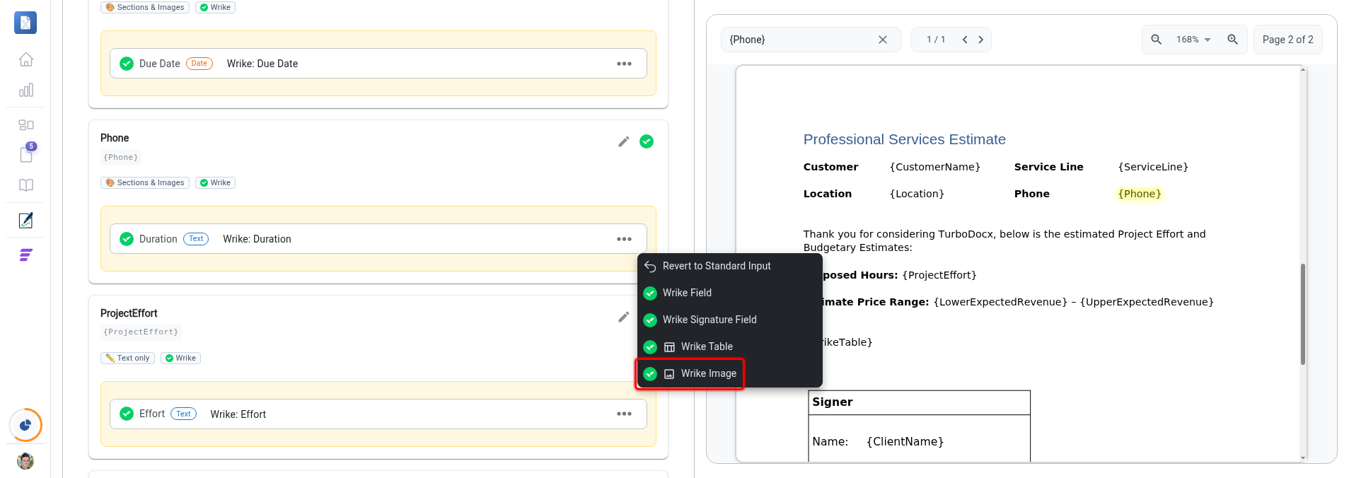 Variable menu open with the Wrike Image option highlighted