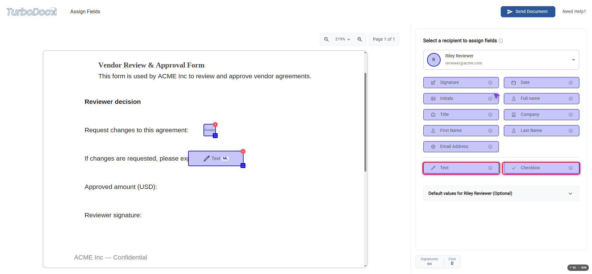 The field palette with the Checkbox and Text fields highlighted