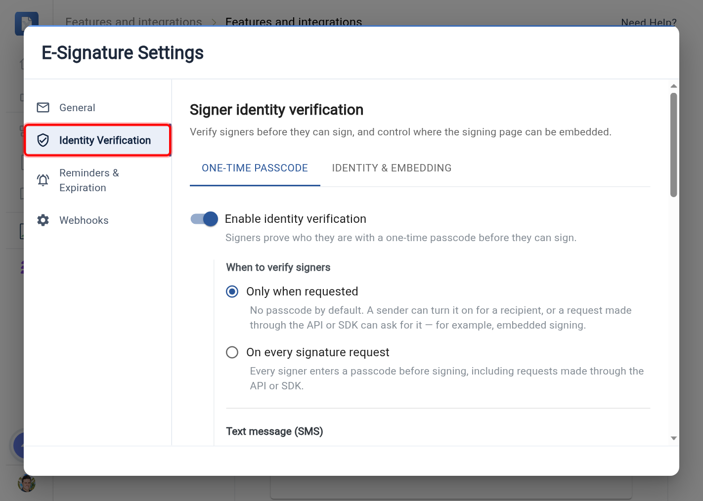 The E-Signature Settings dialog with the Identity Verification section highlighted
