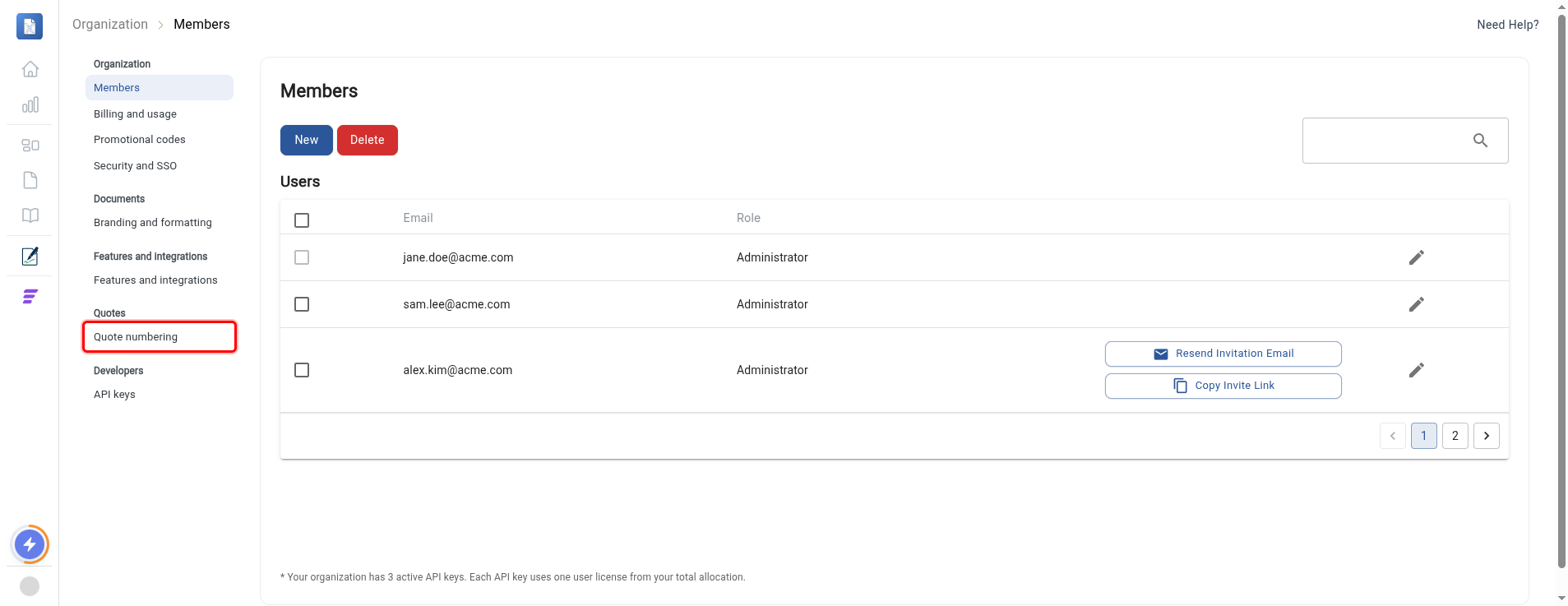 Settings menu with Quote numbering under Quotes highlighted