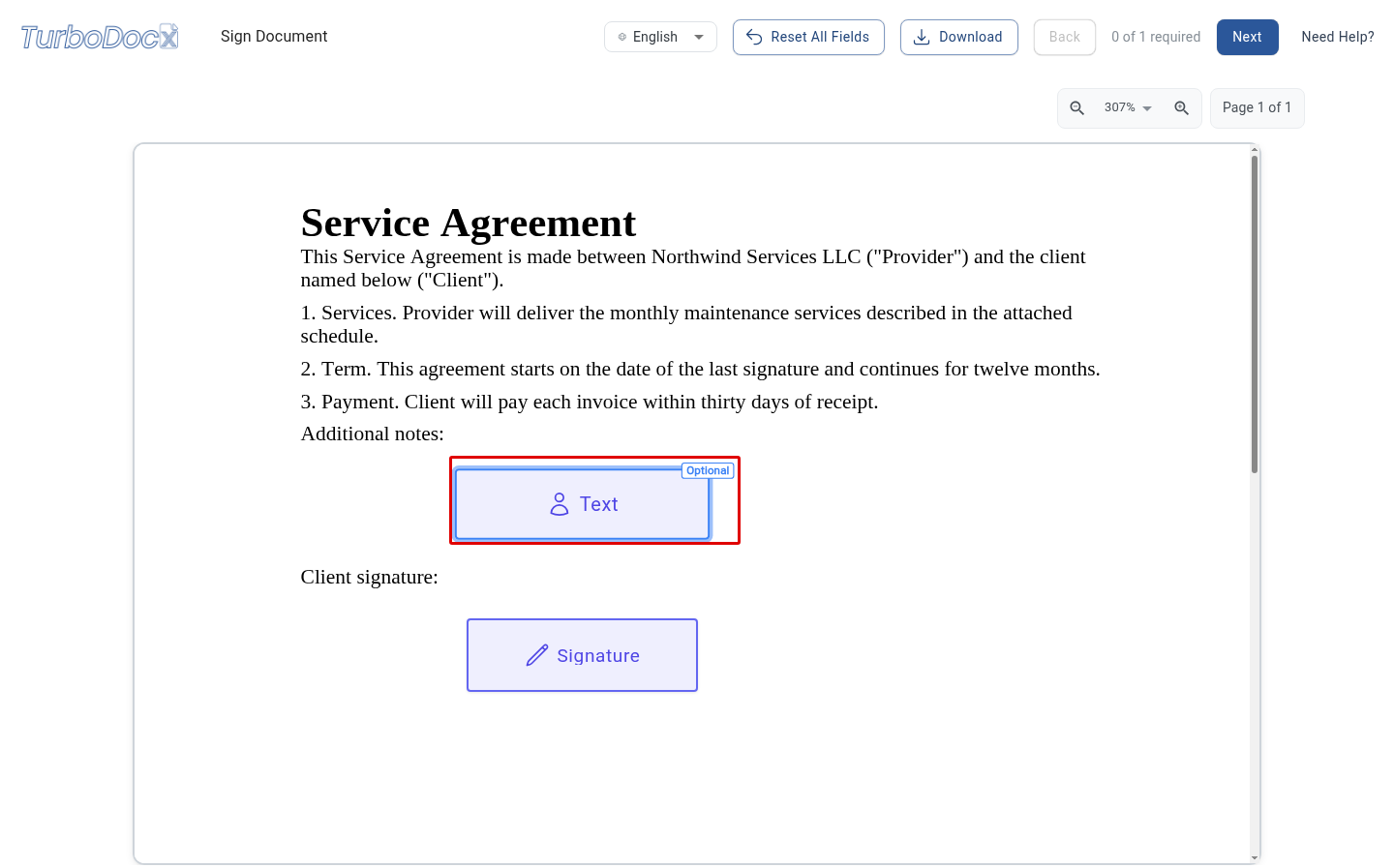 The signing page with an empty text field carrying an "Optional" tag on its top-right corner and the counter reading "0 of 1 required"