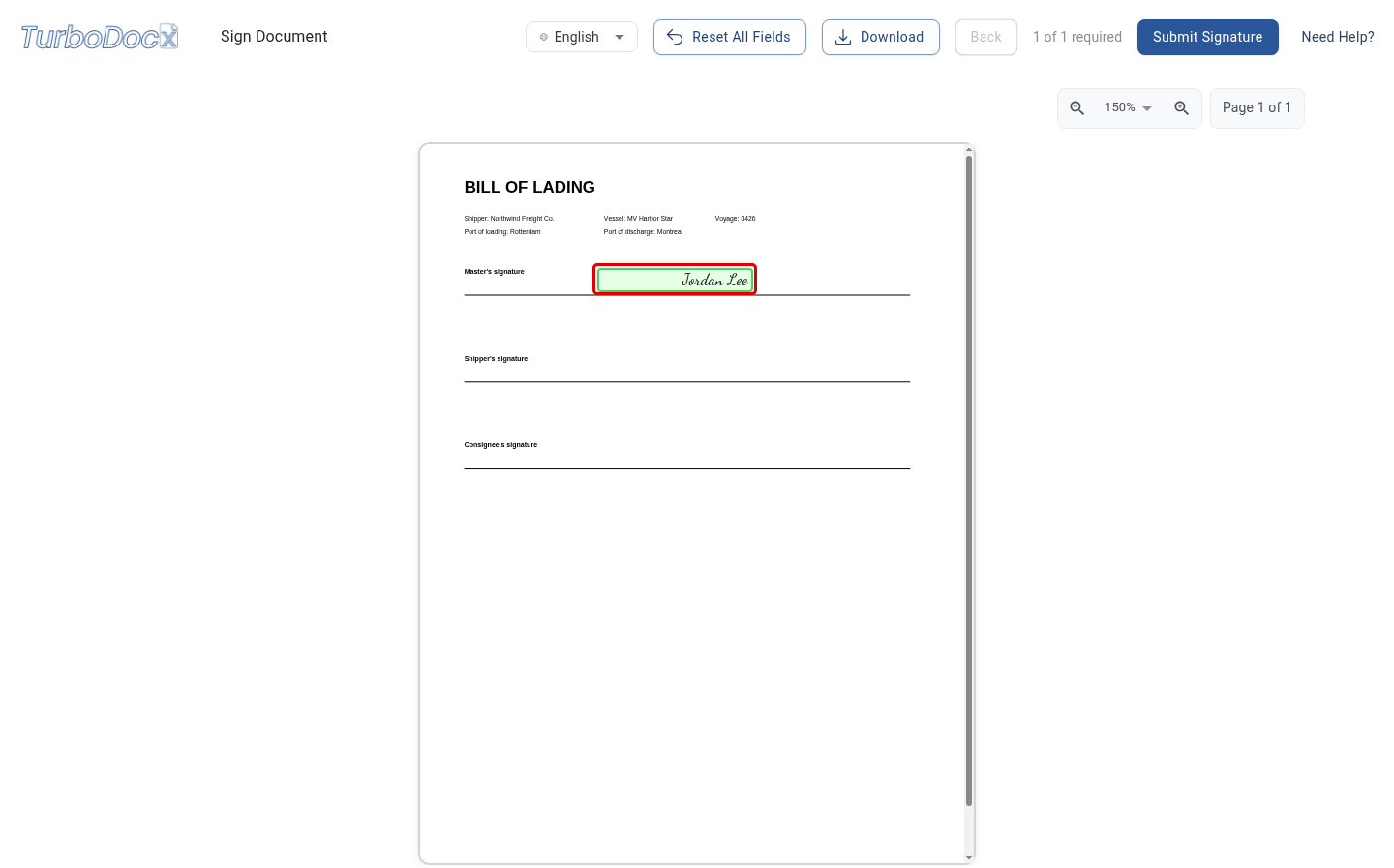 The signing page with a typed signature sitting against the right edge of its field