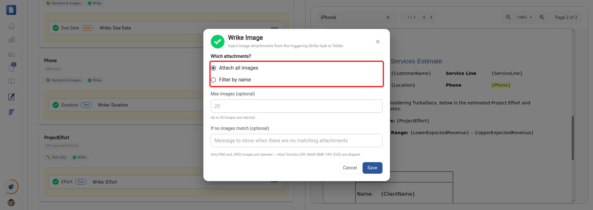 Which attachments choice with the Attach all images and Filter by name options highlighted