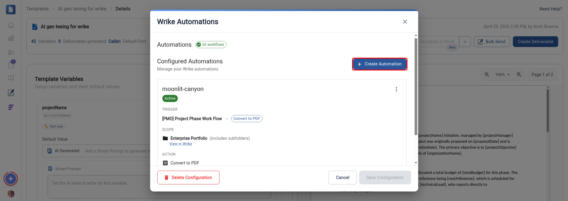 Wrike Automations window with the Create Automation button highlighted