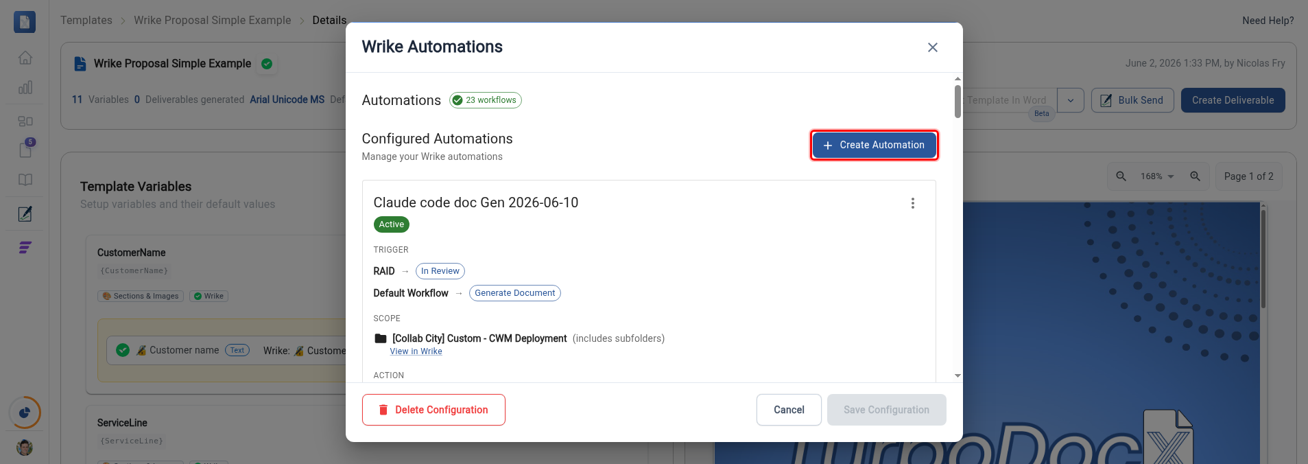 Wrike Automations window with the Create Automation button highlighted