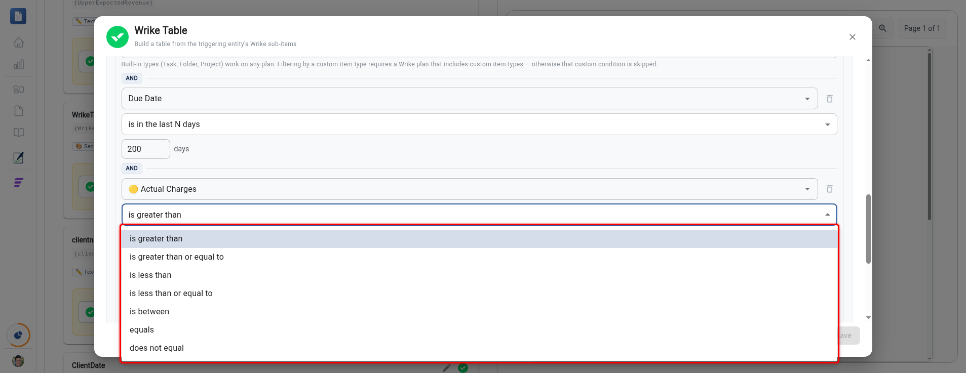 The filter operator list open showing the numeric operators