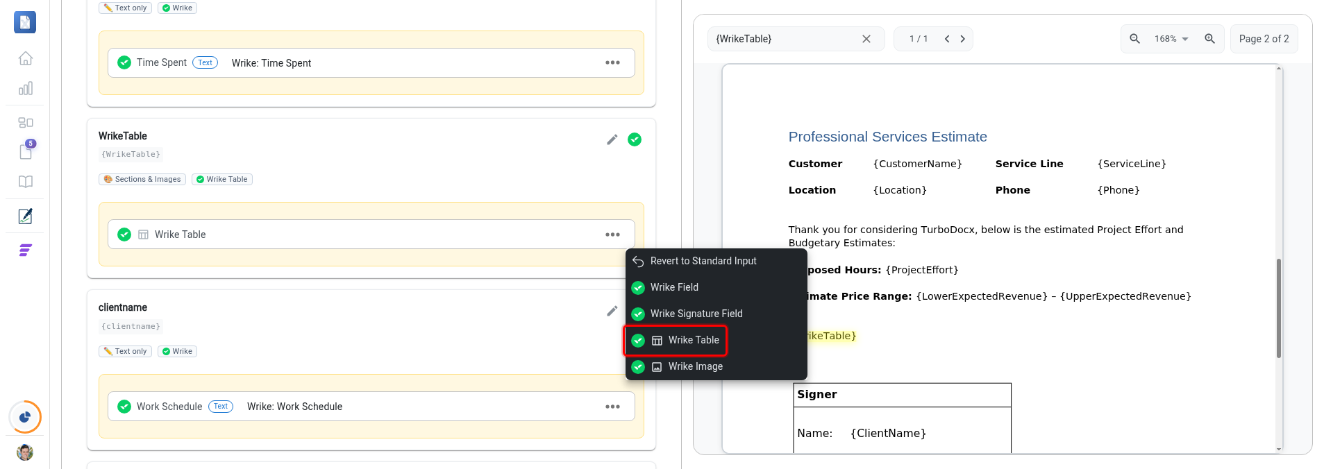 Variable menu open with the Wrike Table option highlighted