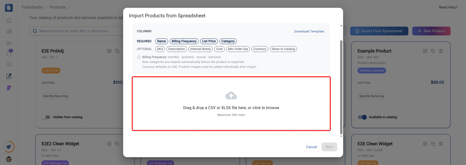 The Upload step with the drag-and-drop upload area highlighted; above it, the Columns box lists the required and optional fields and the Download Template button