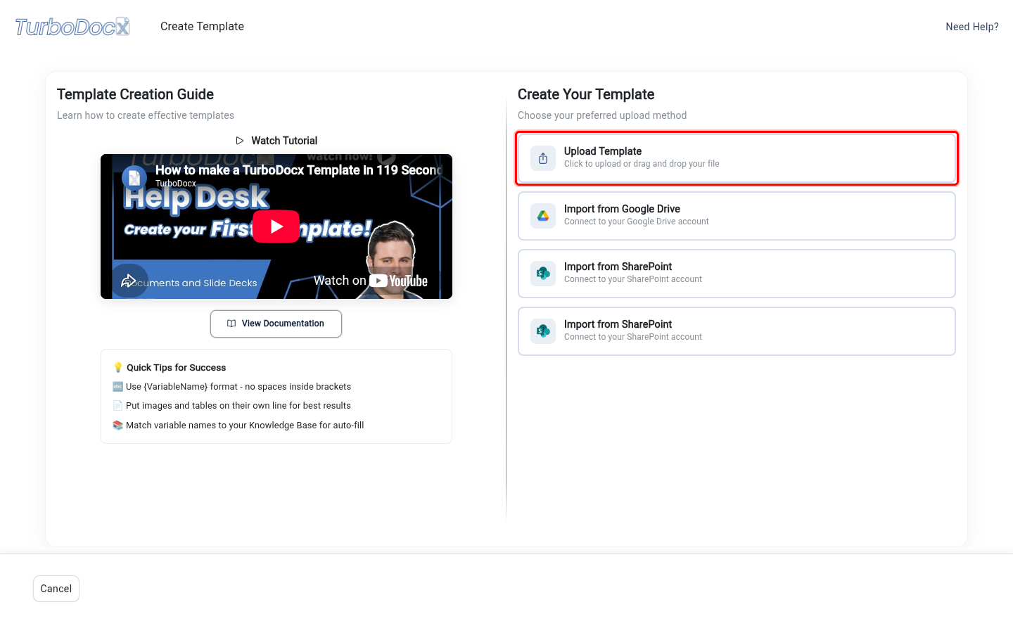 Create Template page with the Upload Template card highlighted