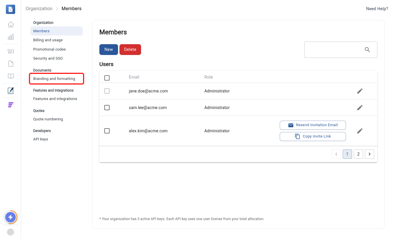 Settings menu with Branding and formatting under Documents highlighted