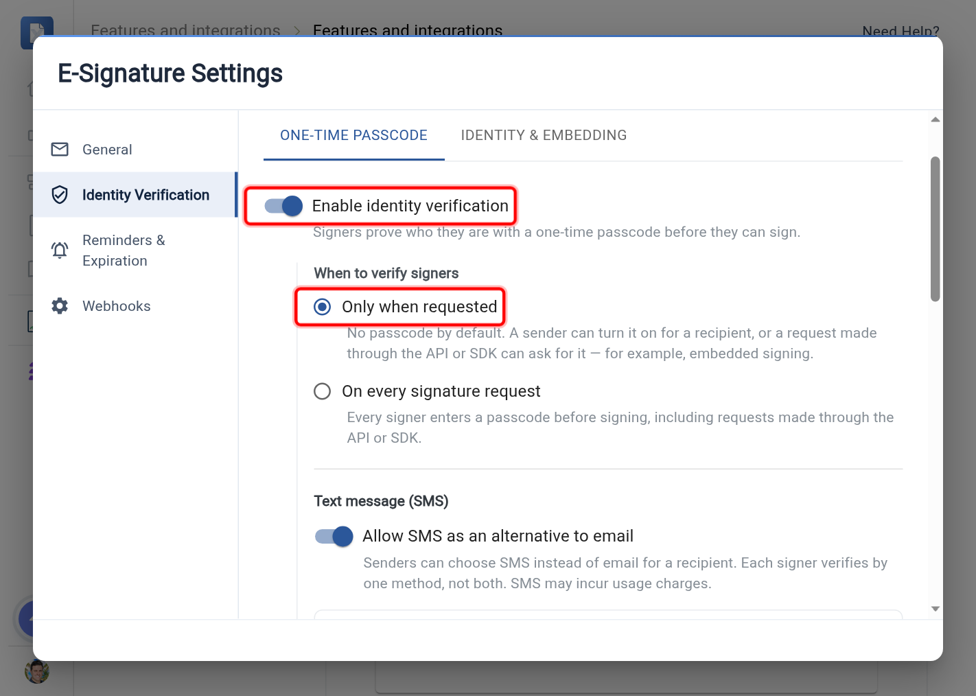 The One-time passcode tab with the Enable identity verification toggle and the selected Only when requested option highlighted