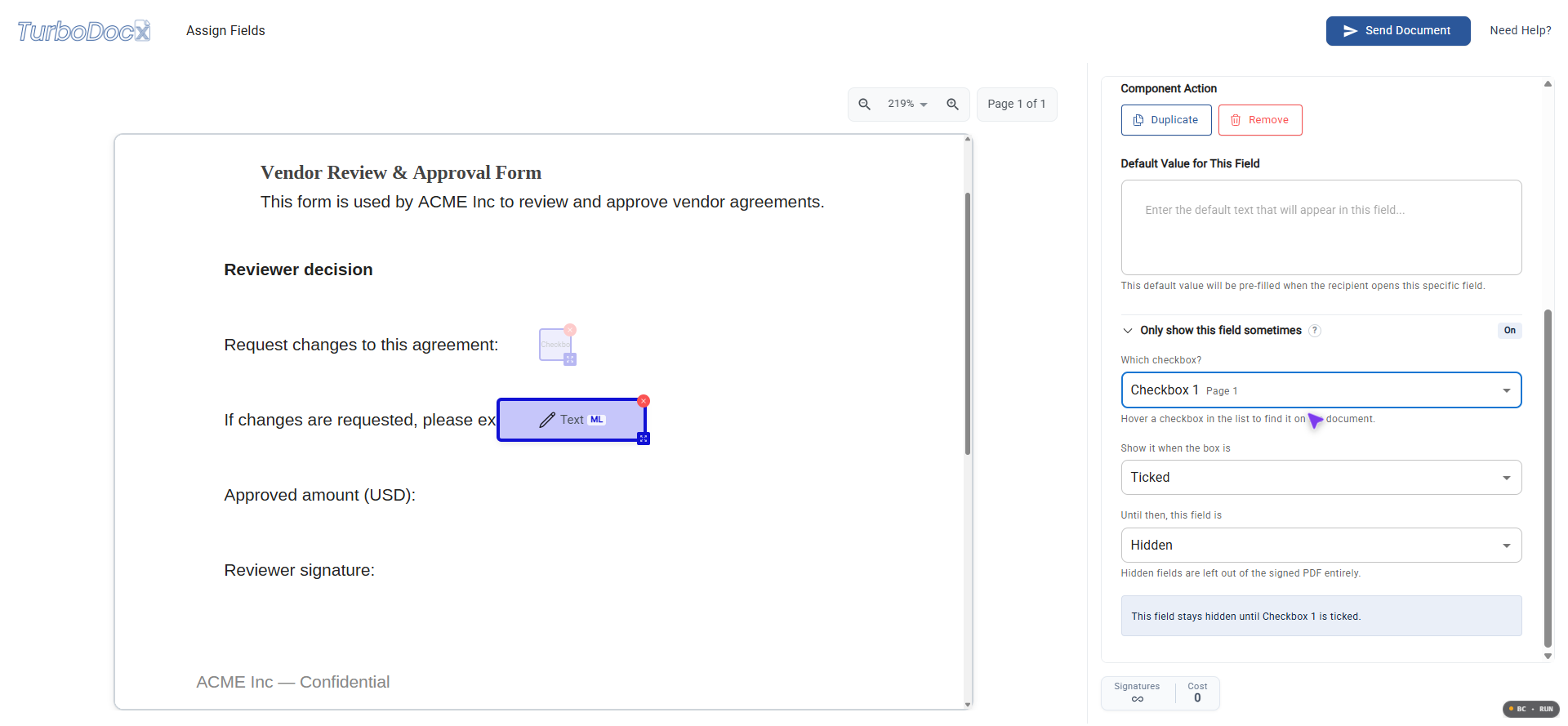 The "Only show this field sometimes" rule builder with the checkbox, condition, and starting-state controls highlighted