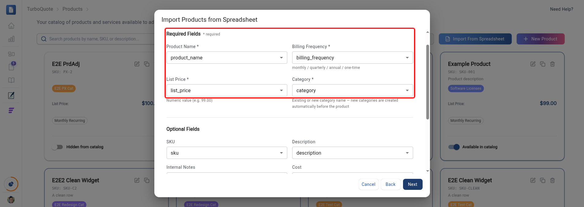 The Map Columns step with the Required Fields group highlighted, each required field auto-mapped to a spreadsheet column