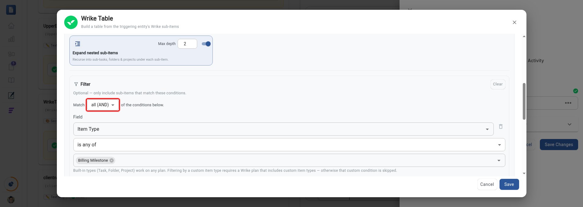 Filter section with the Match all (AND) selector highlighted