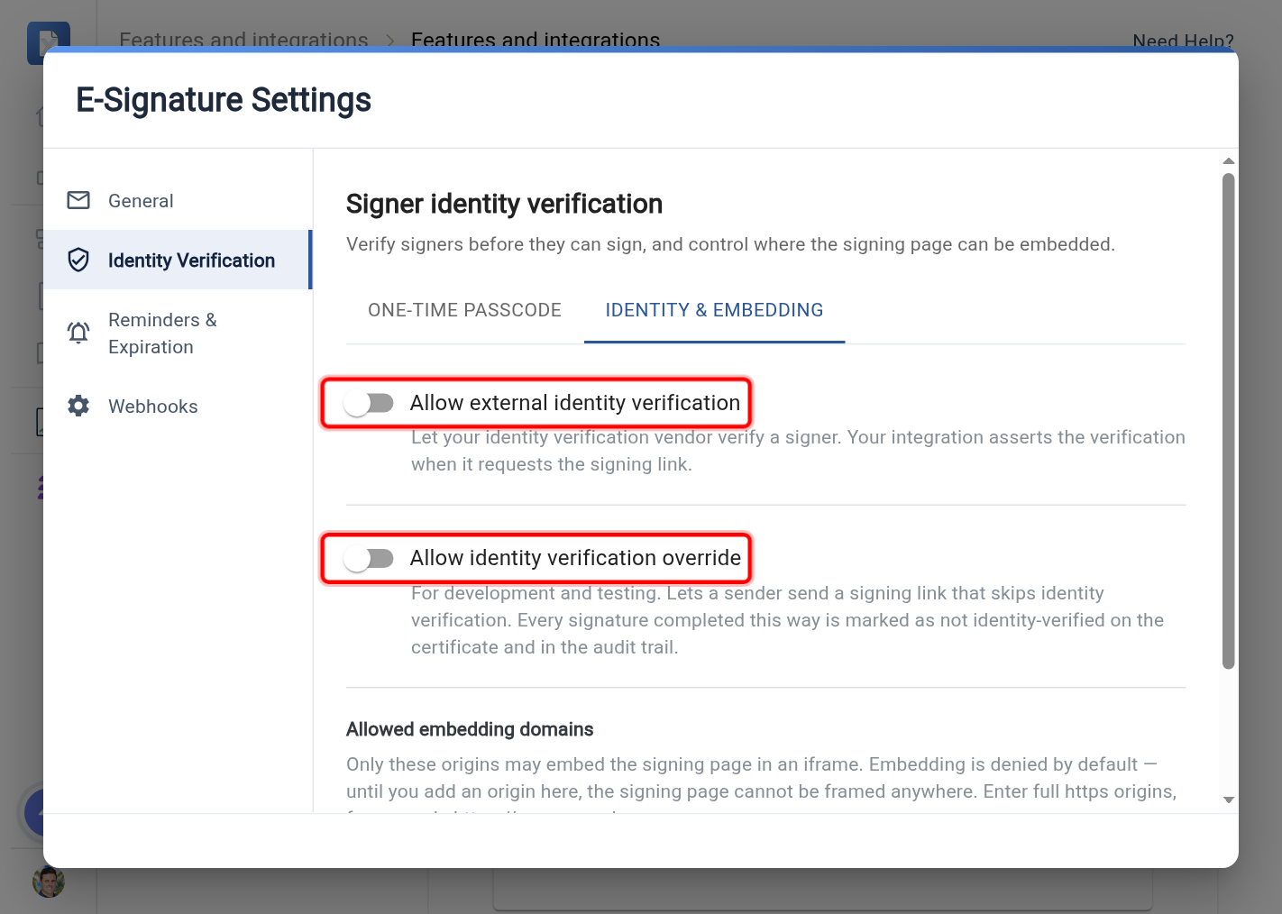 The Identity &amp; embedding tab with the Allow external identity verification and Allow identity verification override switches highlighted