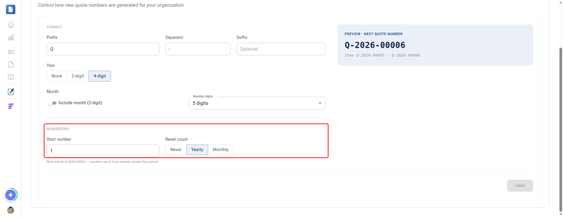 The Numbering section with the start number and reset count options highlighted