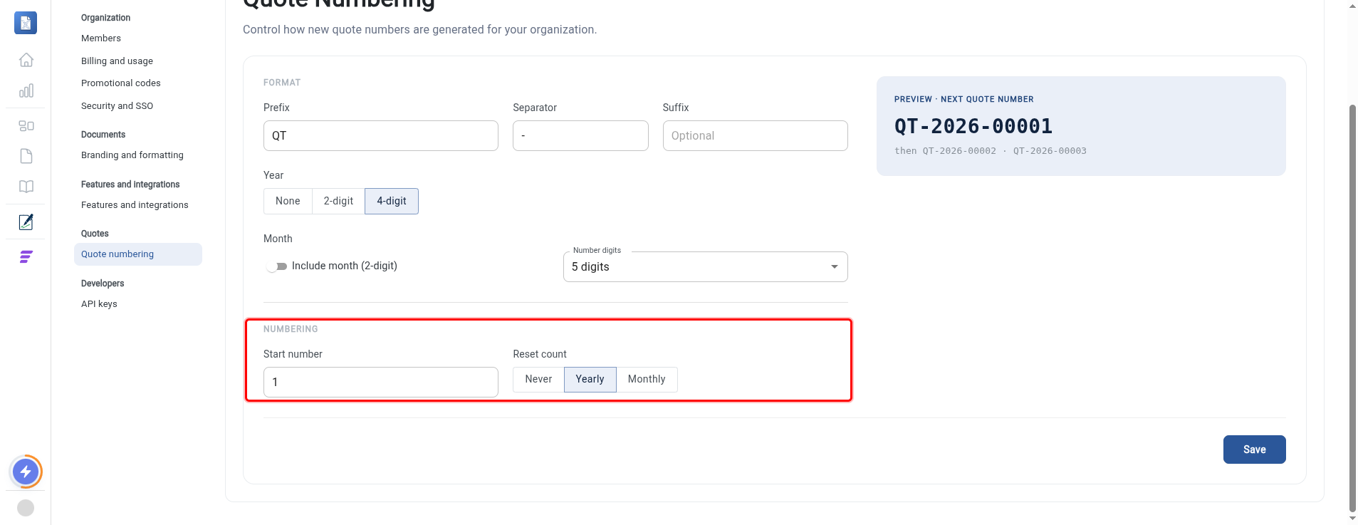 The Numbering section with the start number and reset count options highlighted
