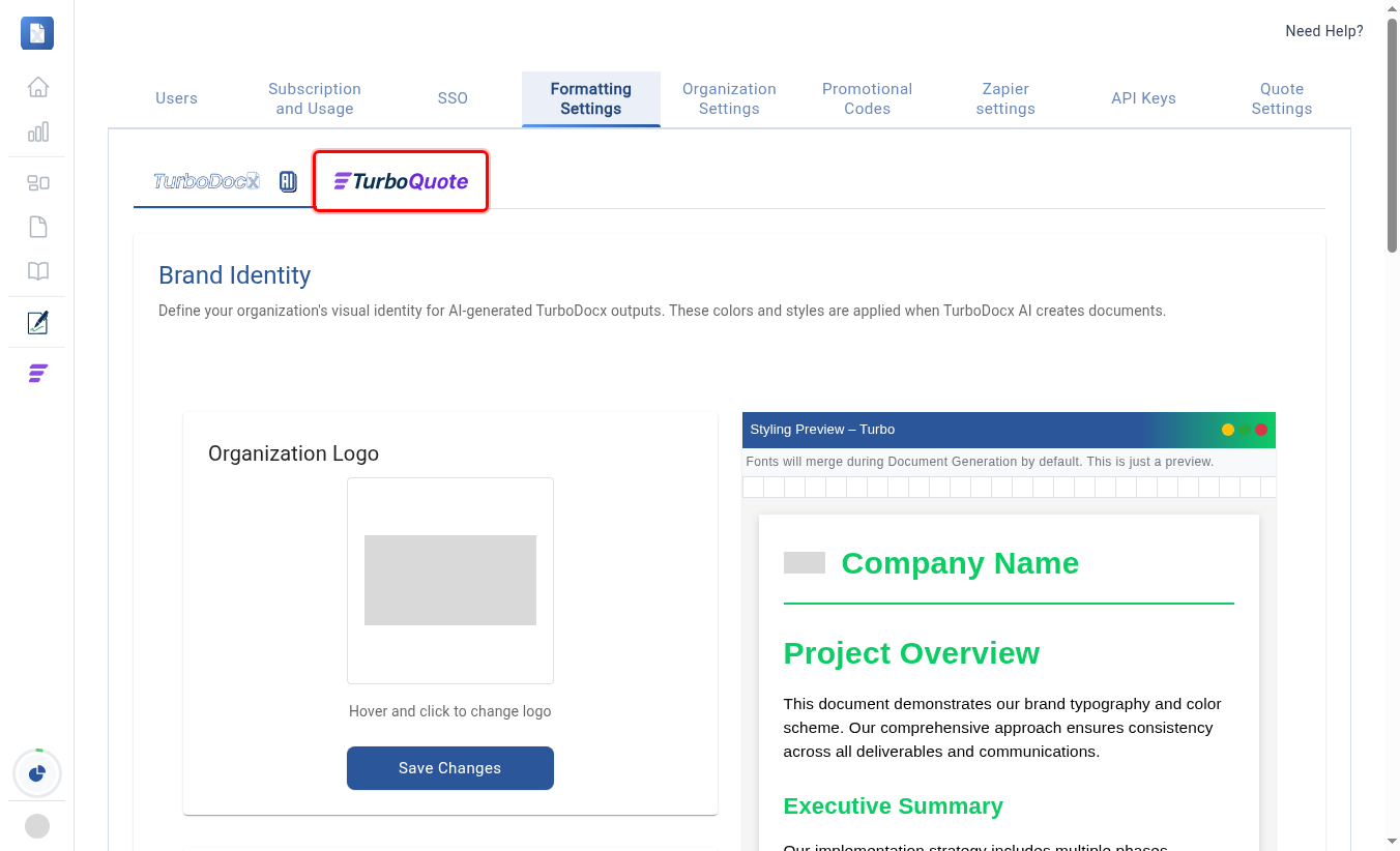TurboQuote settings tab highlighted