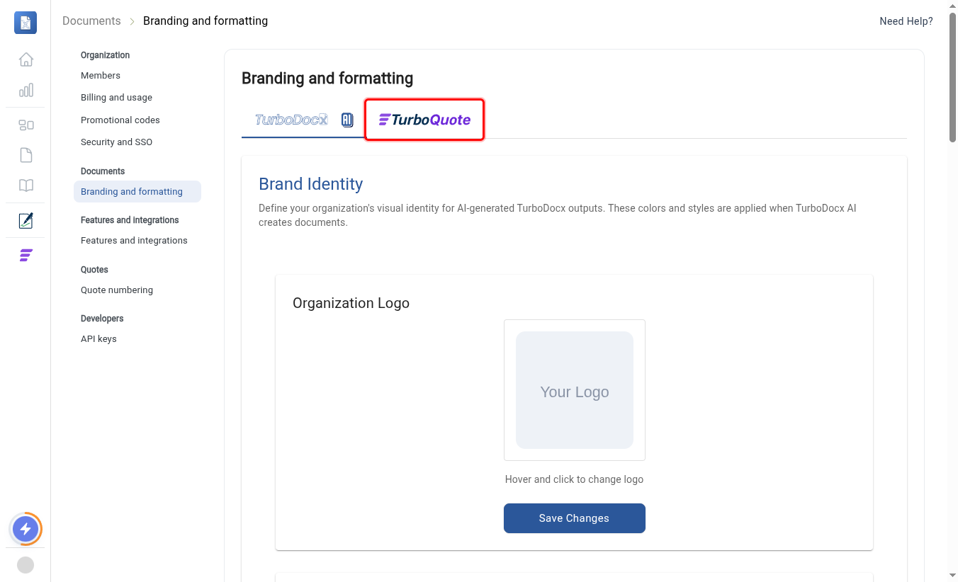 The TurboQuote tab highlighted on the Branding and formatting page