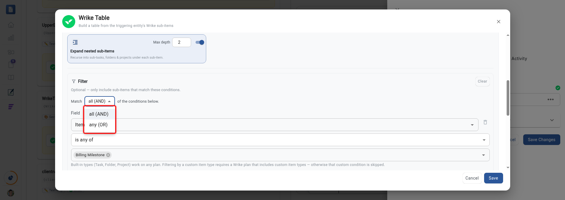 Match selector open showing the all (AND) and any (OR) options