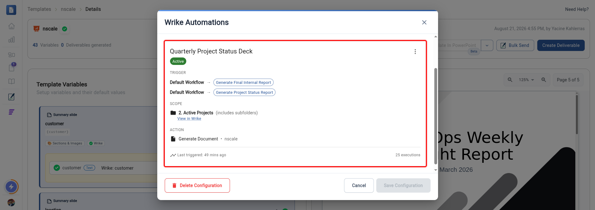 The Wrike Automations dialog showing a configured automation
