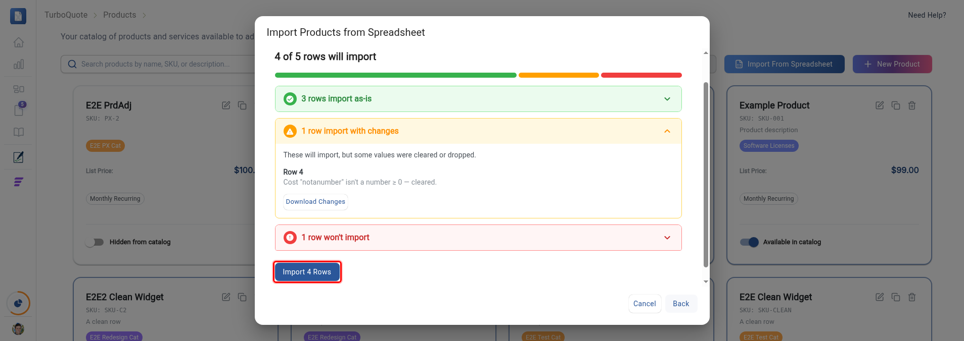 The Review and Import step showing the three colored groups (import as-is, import with changes, won't import) and the Import 4 Rows button highlighted