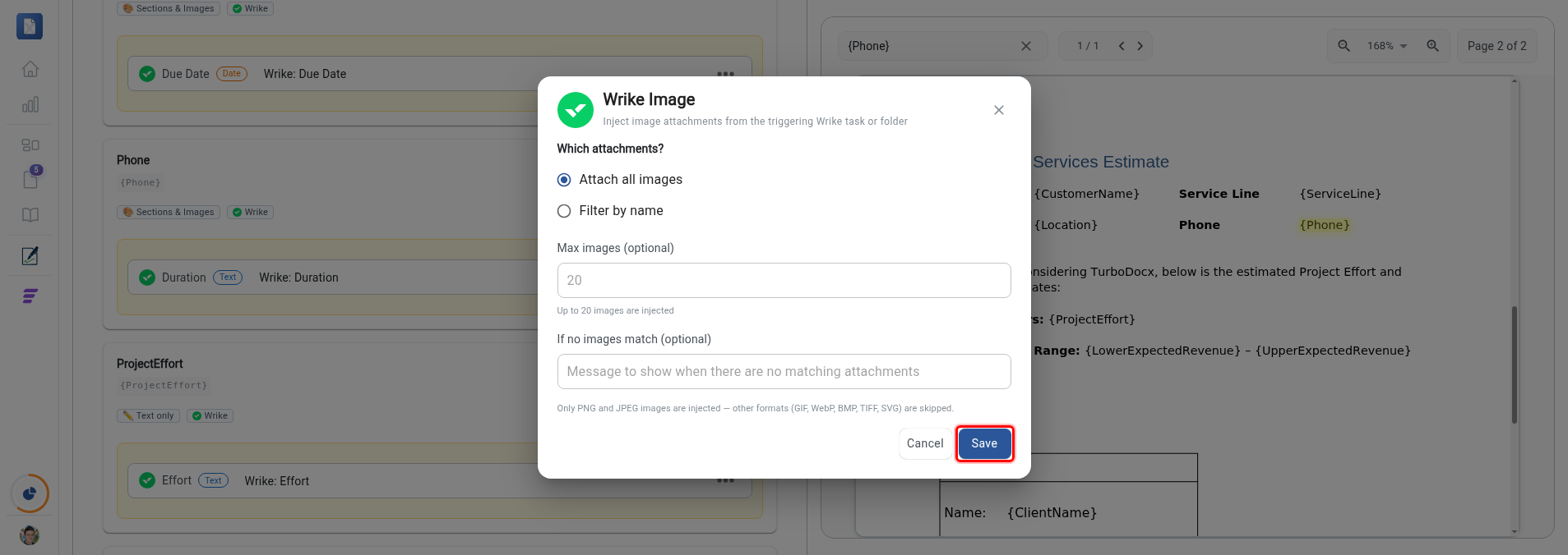 Wrike Image dialog with the Save button highlighted