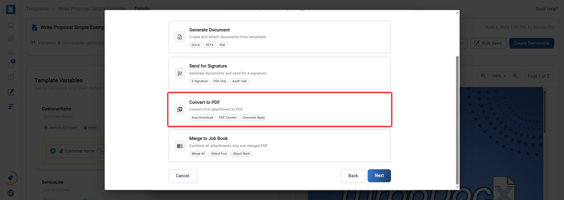 Action selection step with the Convert to PDF card highlighted
