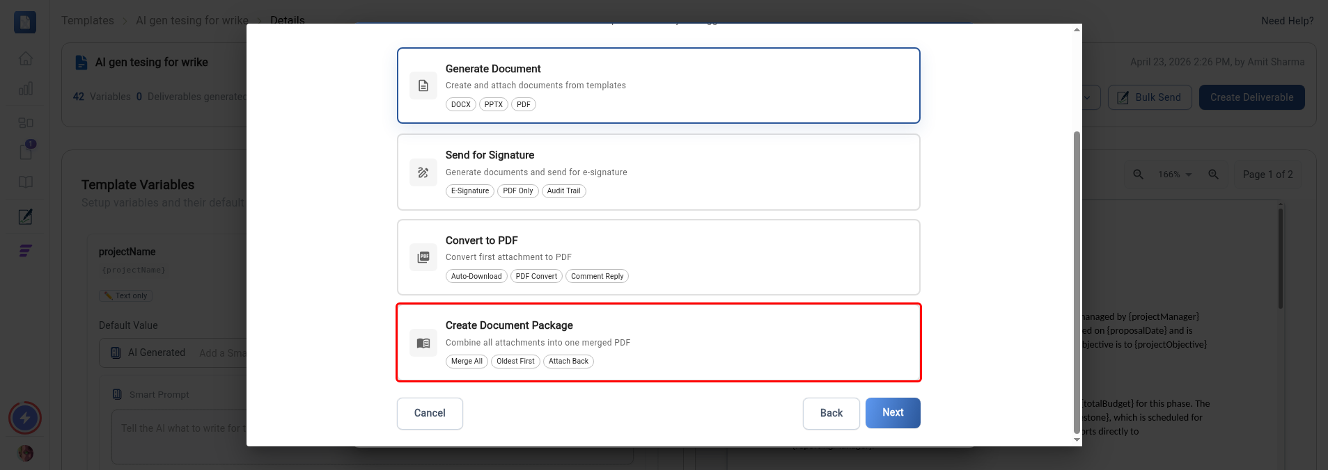 Action selection step with the Create Document Package card highlighted