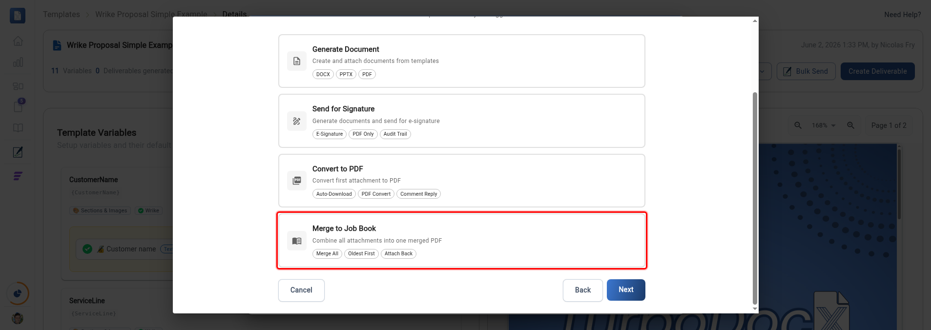Action selection step with the Merge to Job Book card highlighted