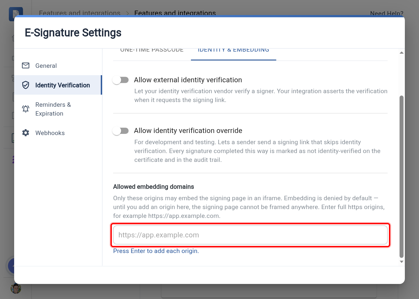 The Identity &amp; embedding tab with the Allowed embedding domains input highlighted