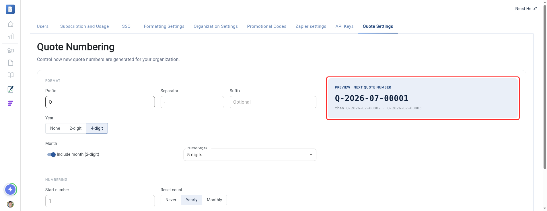 The live preview showing the next quote number Q-2026-07-00001 highlighted