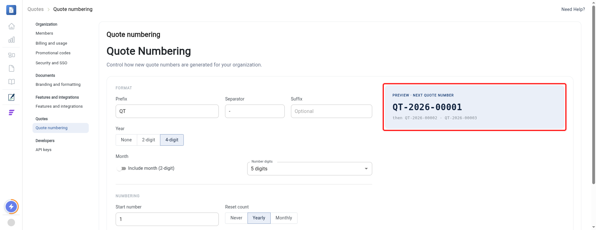 The live preview showing the next quote number QT-2026-00001 highlighted
