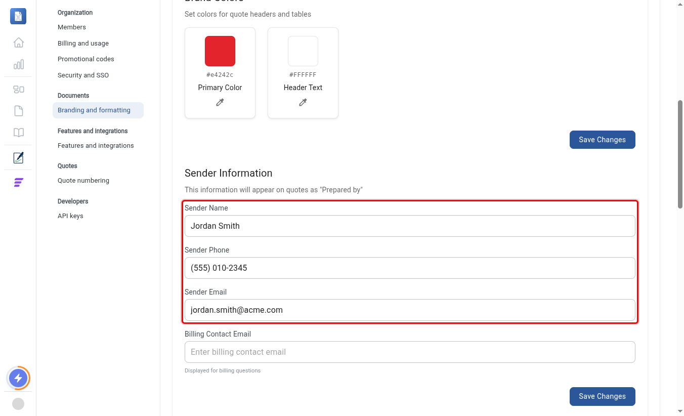 Sender Name, Sender Phone, and Sender Email fields highlighted