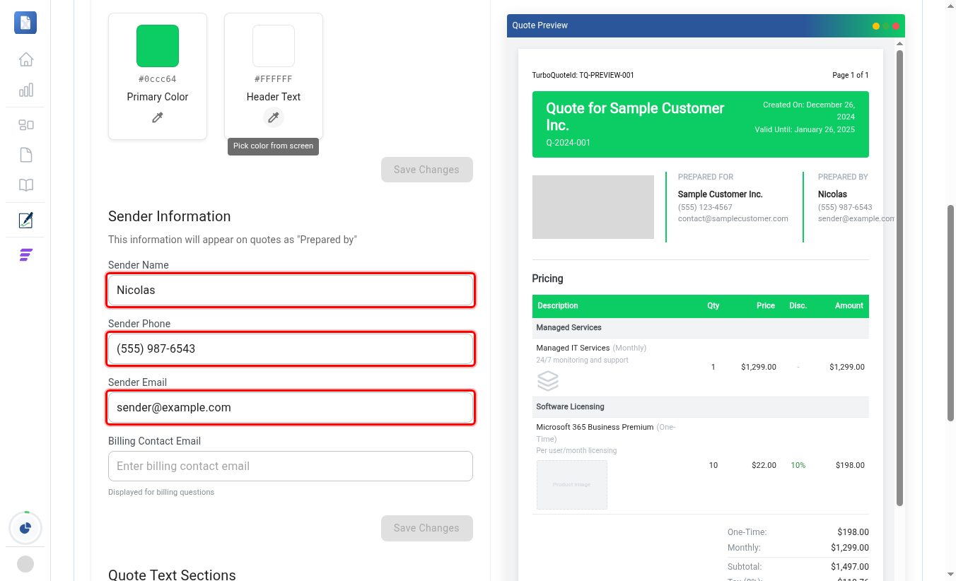 Sender Name, Sender Phone, and Sender Email fields highlighted