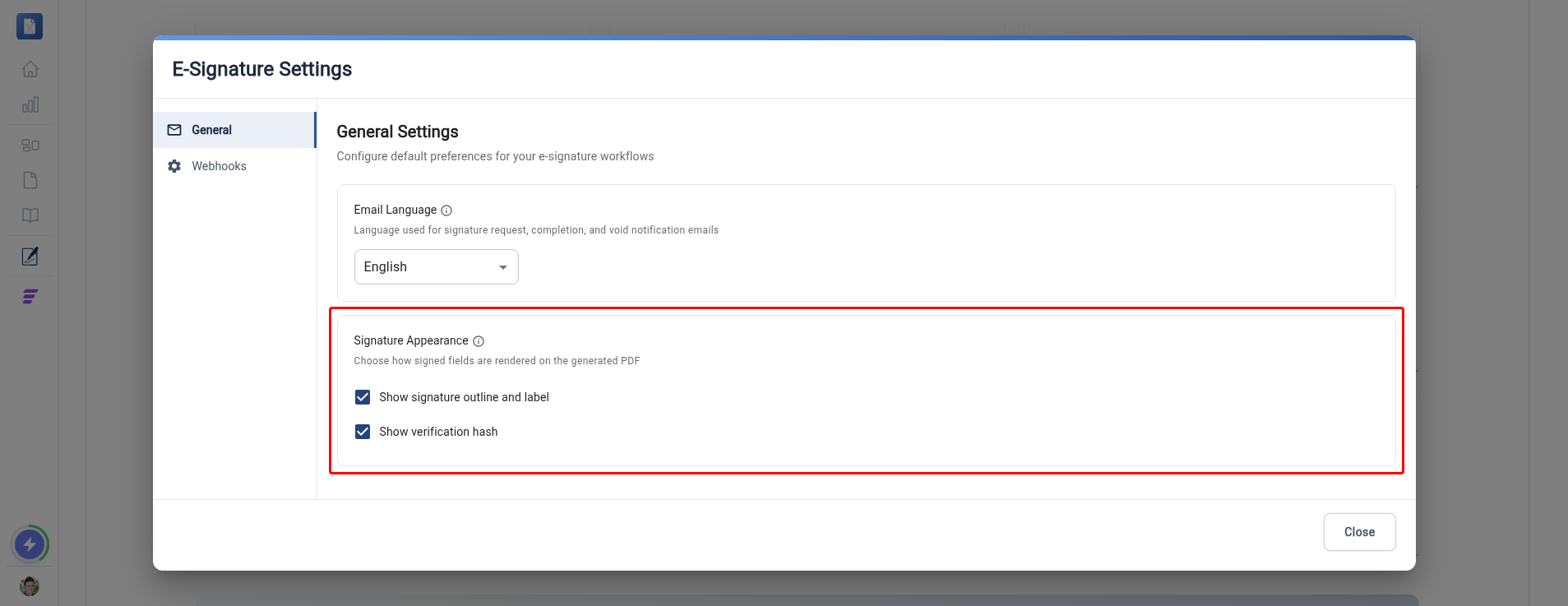 E-Signature Settings dialog with the Signature Appearance toggles highlighted