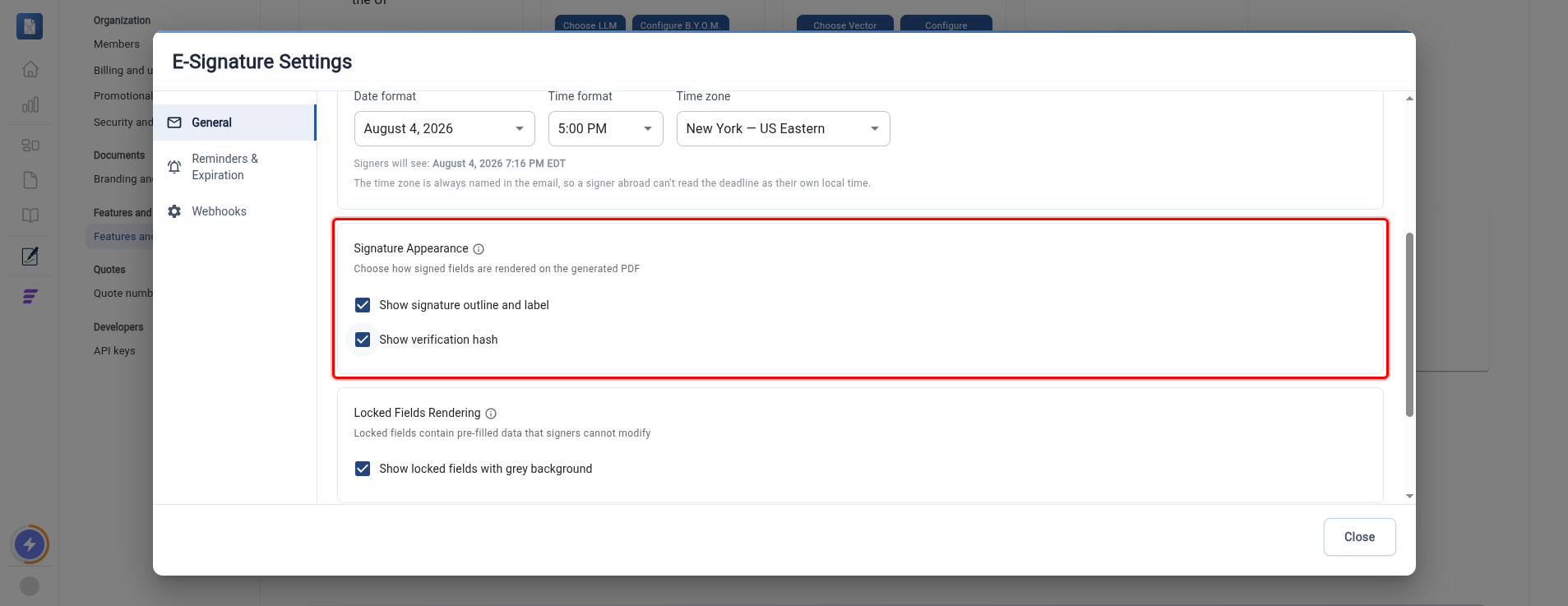 E-Signature Settings dialog with the Signature Appearance toggles highlighted