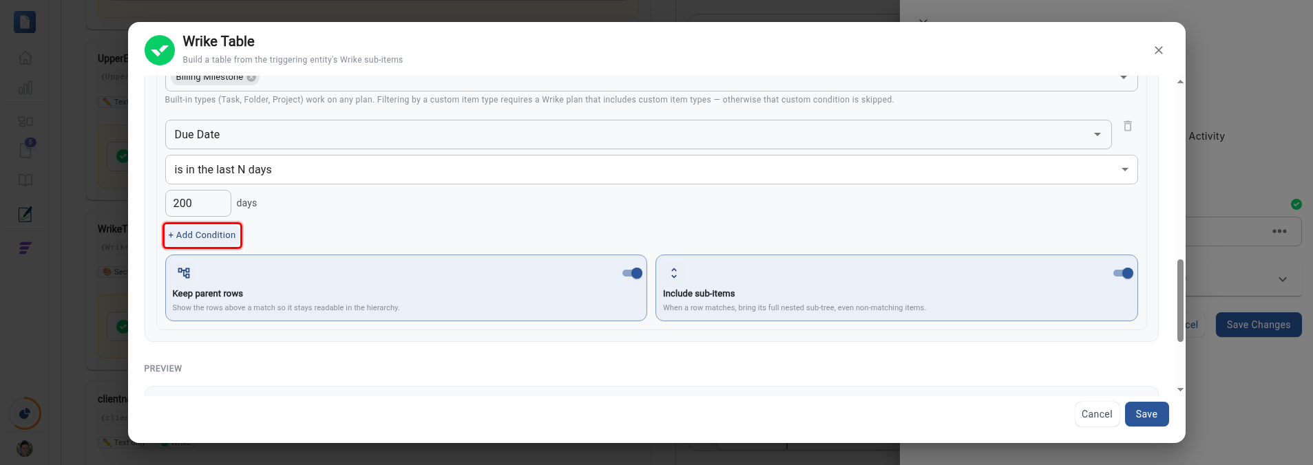 The Add Condition button with the Keep parent rows and Include sub-items toggles below the conditions