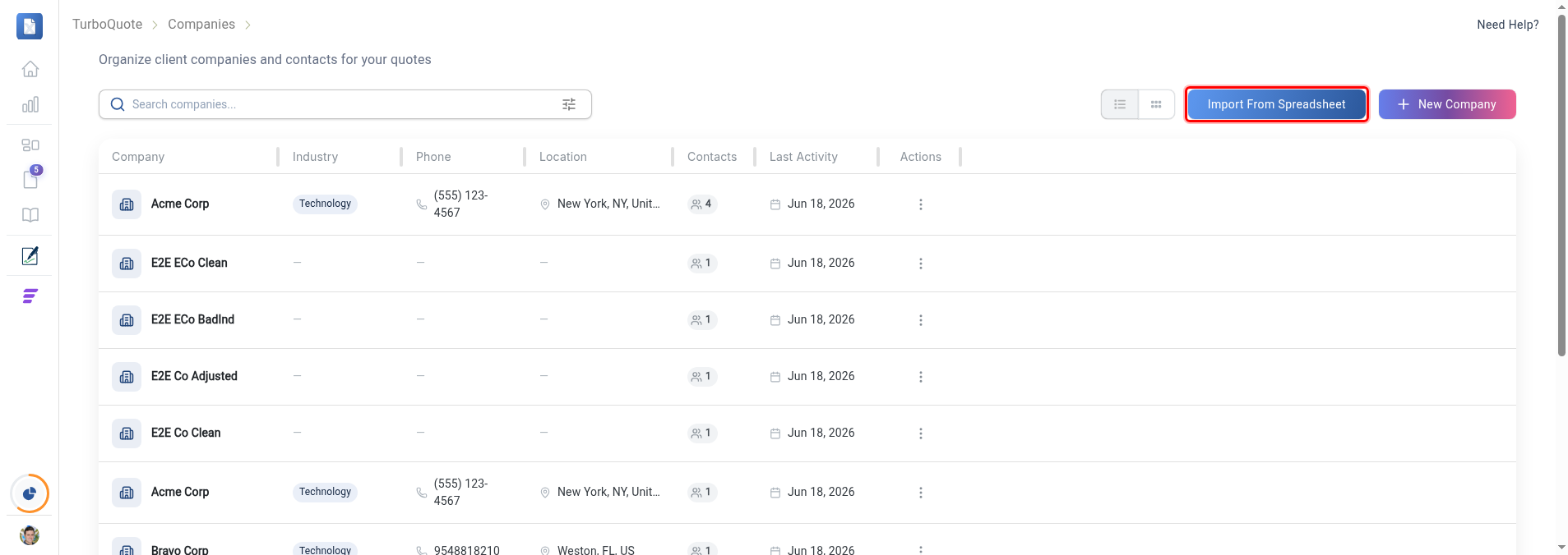 The Companies page with the Import From Spreadsheet button highlighted in the top-right toolbar