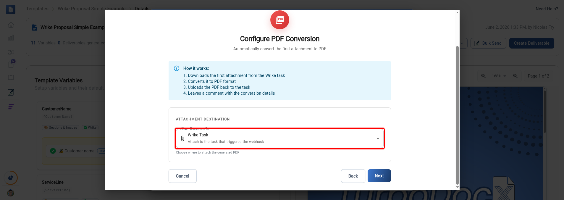 Configure PDF Conversion step with the Attach Document To dropdown highlighted