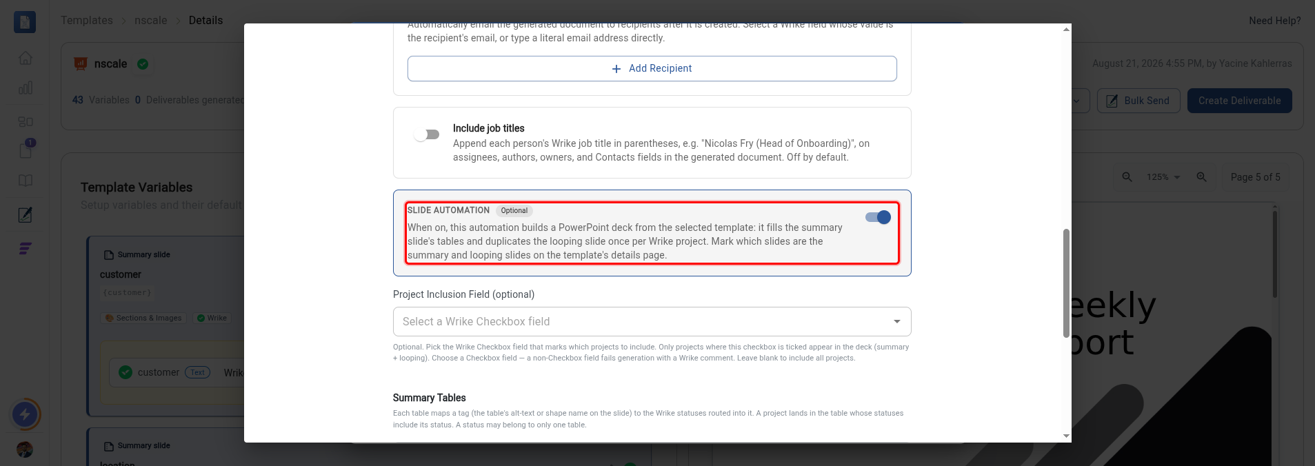 The Configure action step with the Slide Automation toggle highlighted