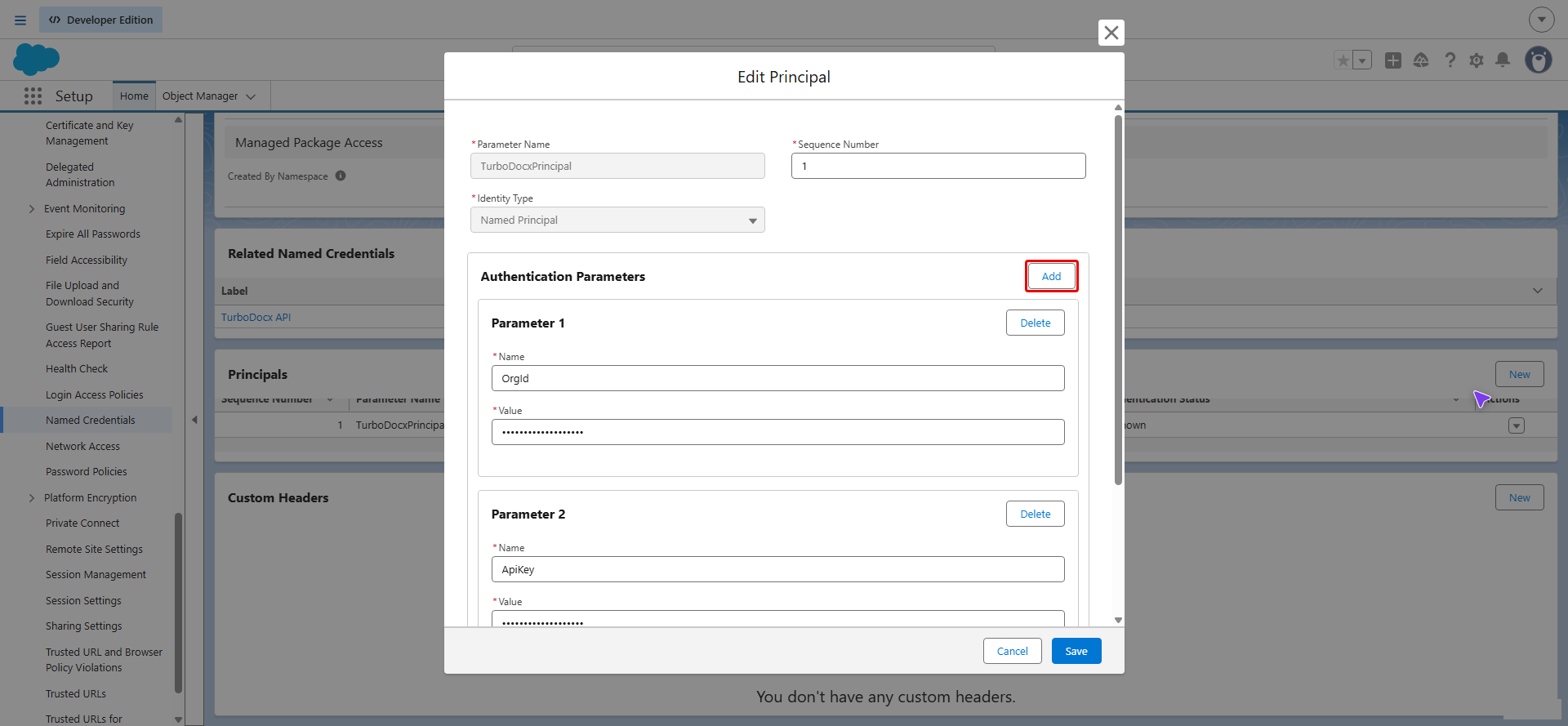 Edit Principal dialog with the Add button highlighted